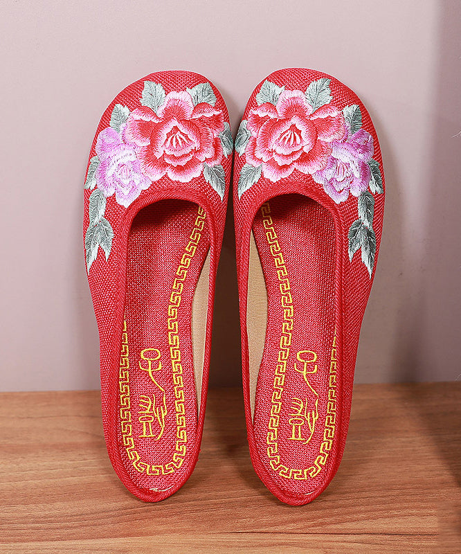 Red Slide Sandals Floral Embroidered Linen Fabric Slides For Women