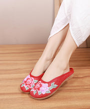 Rote Slide-Sandalen mit floralen Stickereien aus Leinenstoff für Damen