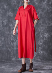 Red Slim Fit Cotton Shirt Dress Tie Waist Button Summer