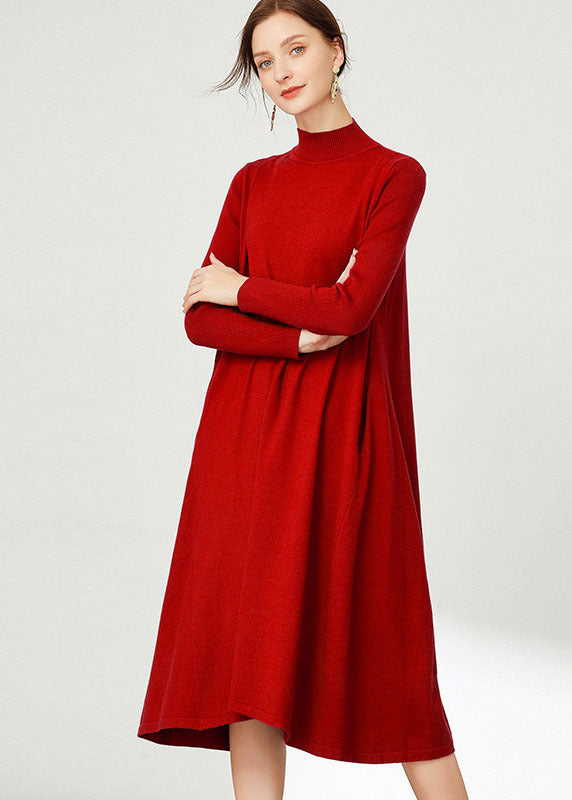 Red Solid Knit Long Sweater Stand Collar Oversized Long Sleeve
