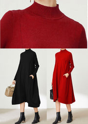 Red Solid Knit Long Sweater Stand Collar Oversized Long Sleeve