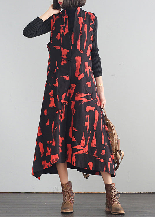 Red Stand Collar Button Cotton Long Dresses Fall