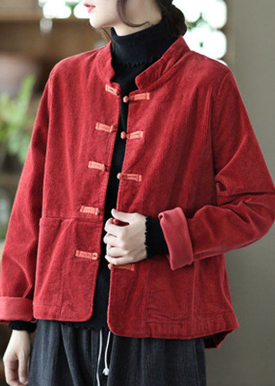 Red Stand Collar Button Pockets Patchwork Fall Corduroy Coats