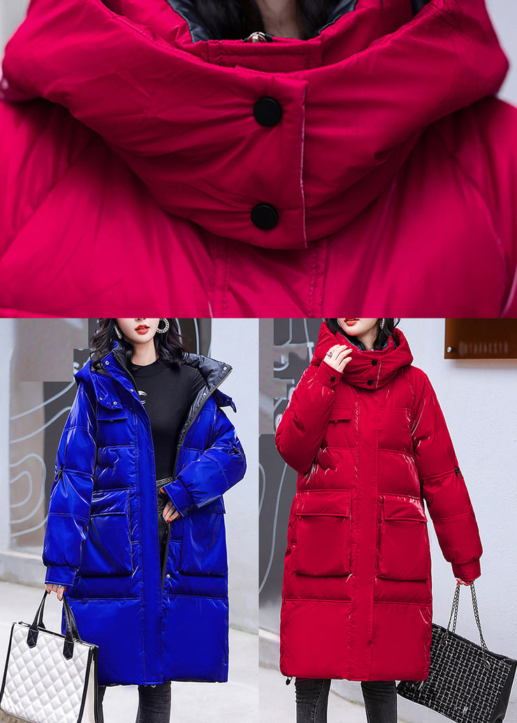 Red Stand Collar Button Thick Bright Hooded Parkaer Winter
