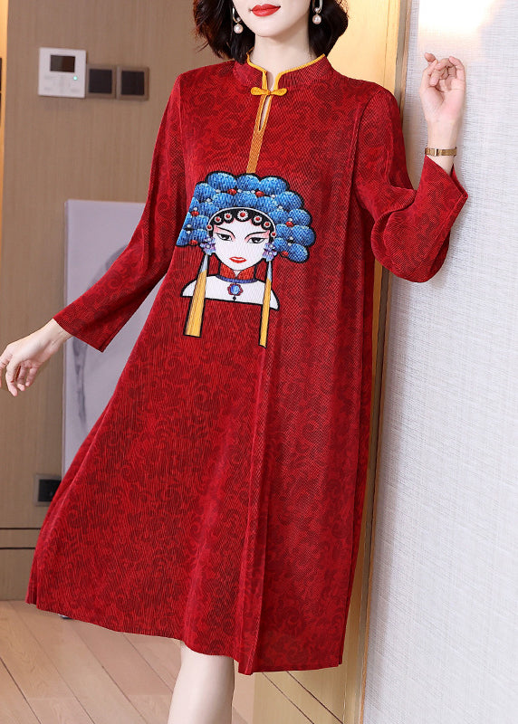 Red Stand Collar Print Patchwork Wrinkled Button Maxi Dress Long Sleeve