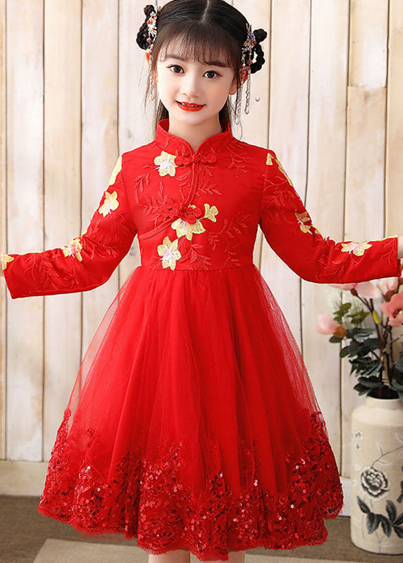 Red Stand Collar Sequins Tulle Kids Maxi Dress Long Sleeve