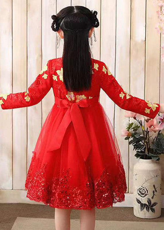 Red Stand Collar Sequins Tulle Kids Maxi Dress Long Sleeve
