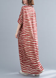 Red Striped Baggy Ankle Dress V Neck Batwing Sleeve