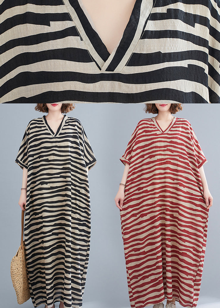 Red Striped Baggy Ankle Dress V Neck Batwing Sleeve