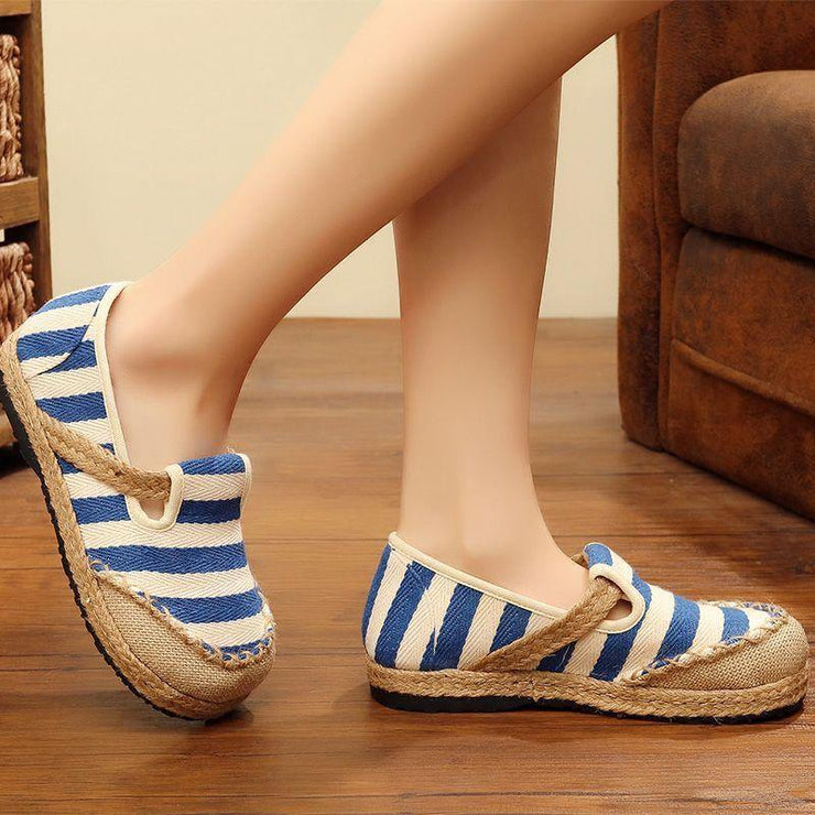 Red Striped Patchwork Flat Feet Shoes - SooLinen