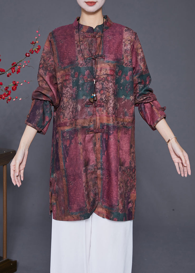 Red Tie Dye Linen Long Shirts Chinese Button Fall