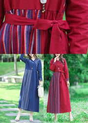 Red Tie Waist Tunic Linen Maxi Dress Long Sleeve