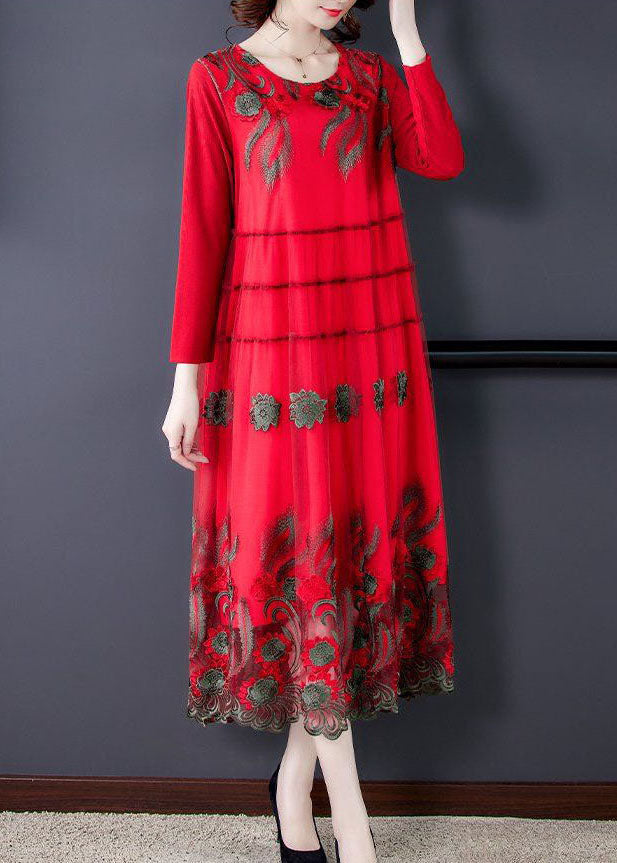 Red Tulle Long Dresses O-Neck Embroidered Spring