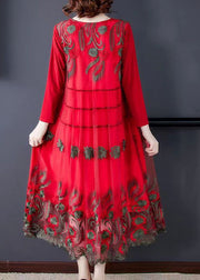 Red Tulle Long Dresses O-Neck Embroidered Spring