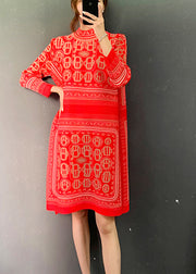 Red Turtleneck Print Side Open Mid Dresses Long Sleeve