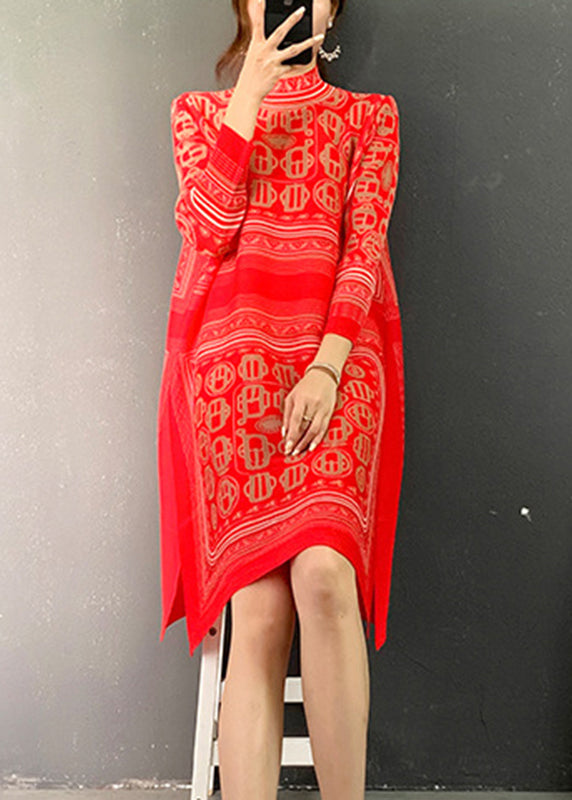 Red Turtleneck Print Side Open Mid Dresses Long Sleeve