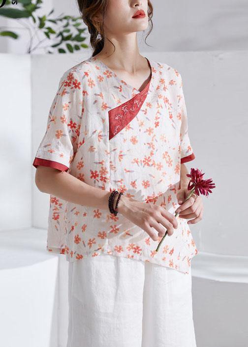 Red V-Neck Asymmetrical Design Print Summer Ramie Shirt Tops Short Sleeve - SooLinen