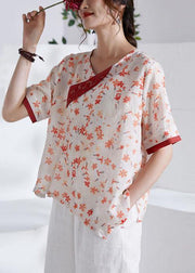 Red V-Neck Asymmetrical Design Print Summer Ramie Shirt Tops Short Sleeve - SooLinen