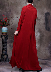 Red V Neck Fake Two Pieces Silk Long Dresses Long Sleeve