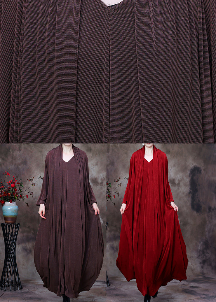 Red V Neck Fake Two Pieces Silk Long Dresses Long Sleeve