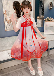 Red V Neck Lace Patchwork Tulle Kids Holiday Maxi Dress Short Sleeve