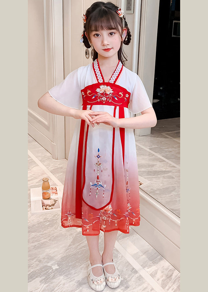Red V Neck Lace Patchwork Tulle Kids Holiday Maxi Dress Short Sleeve