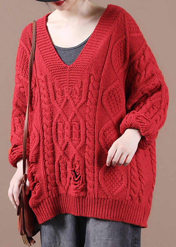 Red V Neck Oversized Cotton Knit Sweaters Fall