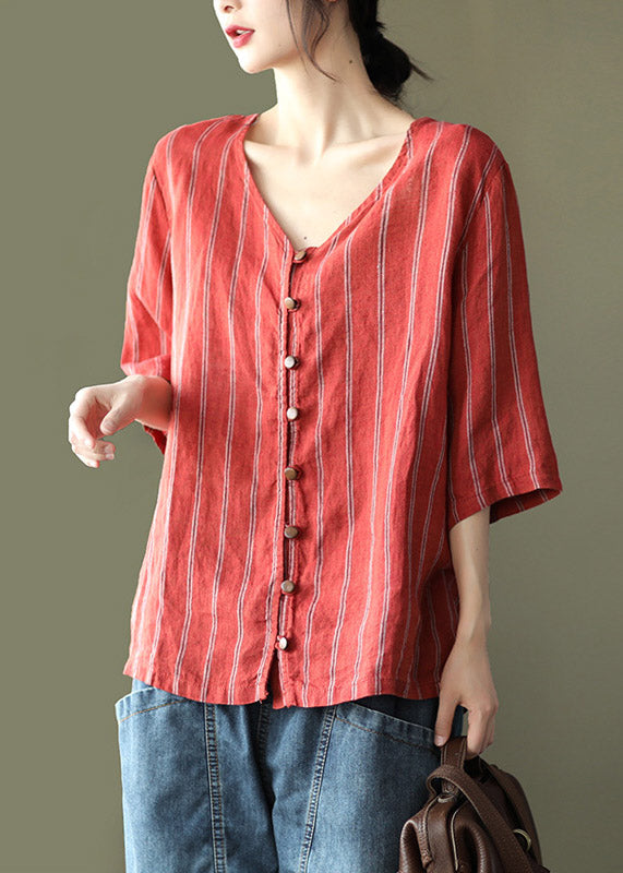 Red V Neck Striped Button Linen Shirts Half Sleeve