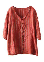 Red V Neck Striped Button Linen Shirts Half Sleeve