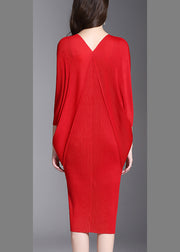 Red V-Neck slim Hip Dress Half Sleeve
