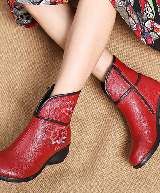 Red Warm Fleece Boots Chunky Cowhide Leather Vintage Embroidery