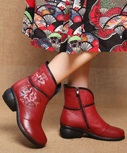 Red Warm Fleece Boots Chunky Cowhide Leather Vintage Embroidery