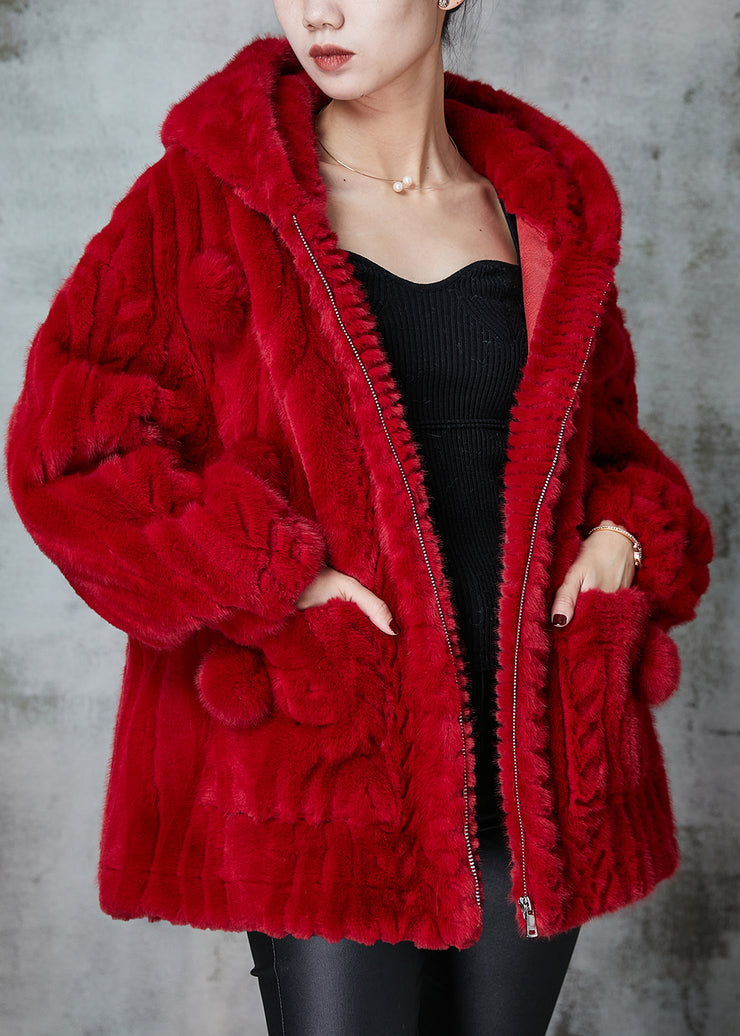 Red Warm Fuzzy Fur Fluffy Coats Fuzzy Ball Decorated Spring