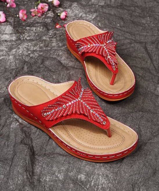 Red Wedge Faux Leather Soft Splicing Zircon Flip Flops Sandals