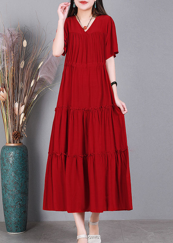 Red Wrinkled Cotton Vacation Dresses V Neck Cinched Short Sleeve