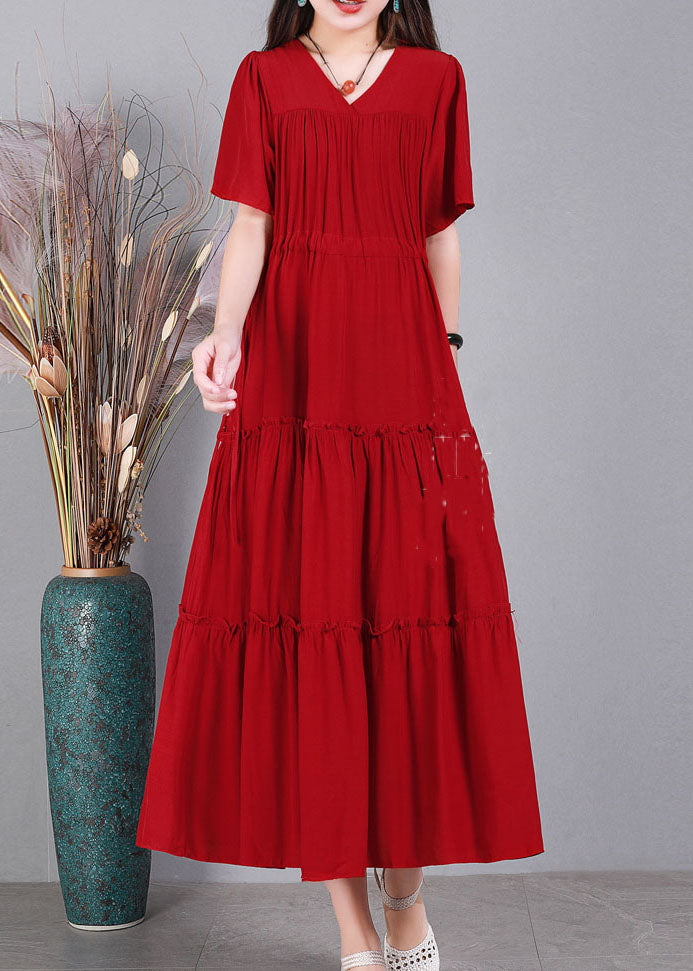 Red Wrinkled Cotton Vacation Dresses V Neck Cinched Short Sleeve