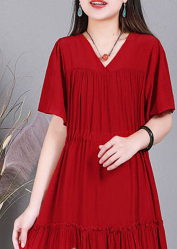 Rot zerknitterte Baumwoll-Urlaubskleider mit V-Ausschnitt und kurzen Ärmeln