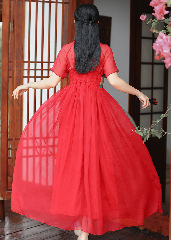 Red Wrinkled Patchwork Chiffon Long Dress Embroidered Short Sleeve