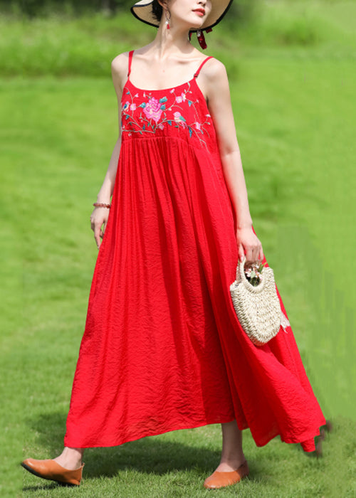 Red Wrinkled Patchwork Cotton Spaghetti Strap Dress Embroidered Sleeveless