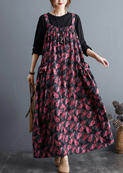 Red Wrinkled Patchwork Cotton Spaghetti Strap Long Dresses Sleeveless