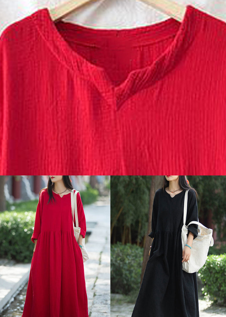 Red Wrinkled Patchwork Linen Dress V Neck Long Sleeve