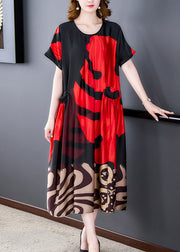 Red Wrinkled Silk Maxi Dresses Short Sleeve