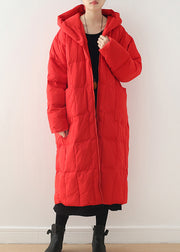 Red Zippered Pockets Hooded Down Coat Long Sleeve