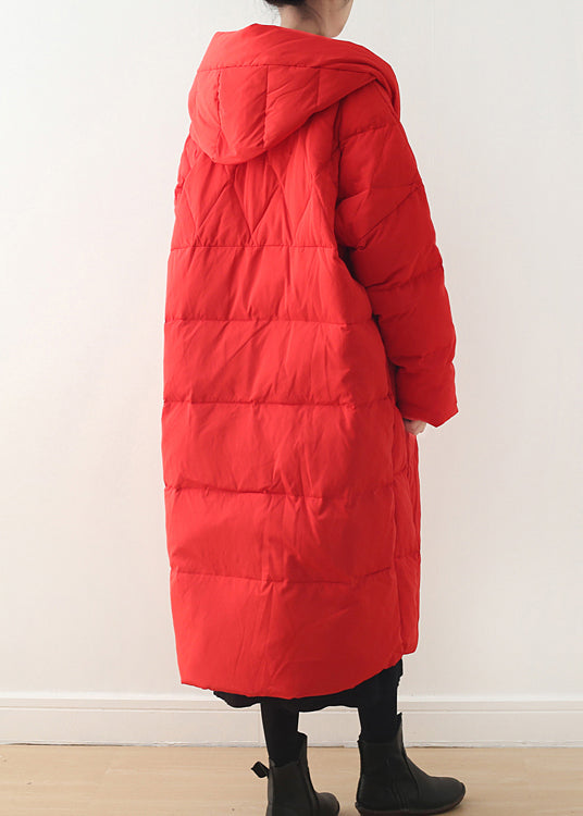 Red Zippered Pockets Hooded Down Coat Long Sleeve