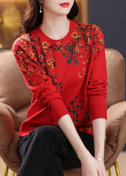 Red Zircon Print Wool Knit Sweaters O Neck Long Sleeve