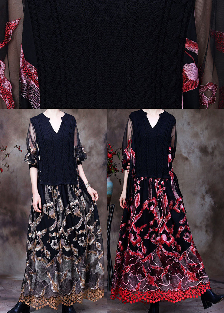 Red lace Knit Dresses Embroidered Spring