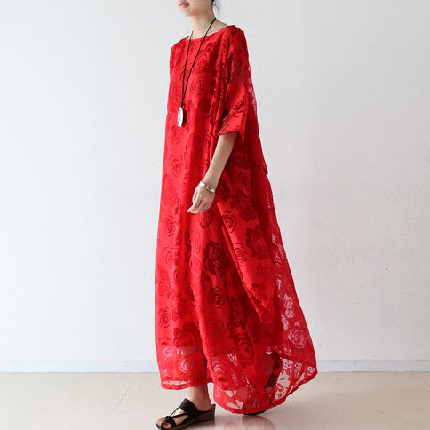 Rote Rosen Tüll Chiffon Kaftane Maxikleider kausales Kleid plus Größenkleidung