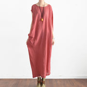 Rote Sommerkleider aus Leinen, seitlich drapierte Kaftane, übergroßes, ärmelloses Sommerkleid