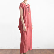 Red summer linen dresses side draping caftans oversized sleeveless sundress