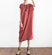 Rote Sommerkleider aus Leinen, seitlich drapierte Kaftane, übergroßes, ärmelloses Sommerkleid